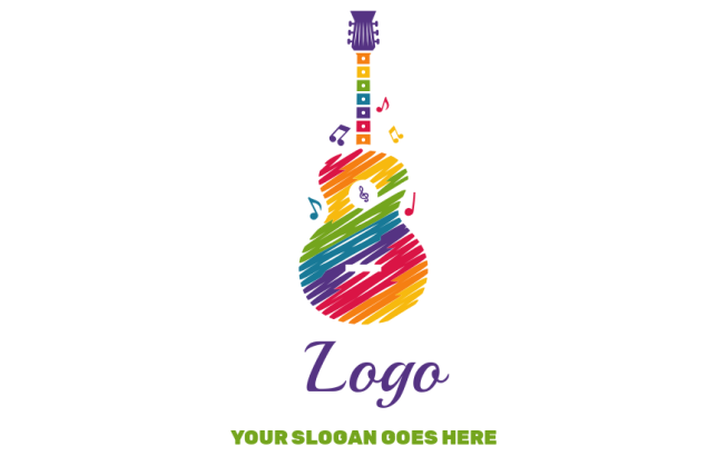 rainbow colored brush strokes on acoustic guitar with music symbols 