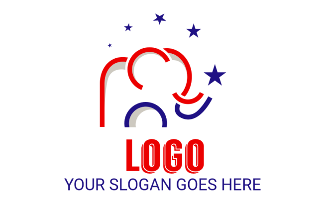 logo generator of red and blue elephant with stars