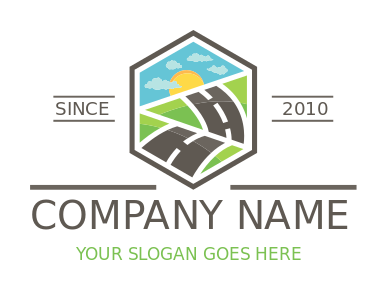 travel logo road with greenery sun in hexagon