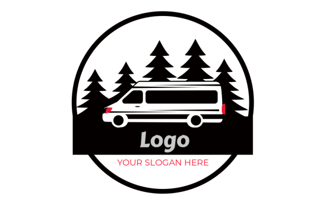 rv recreational vehicle and pine trees logo maker