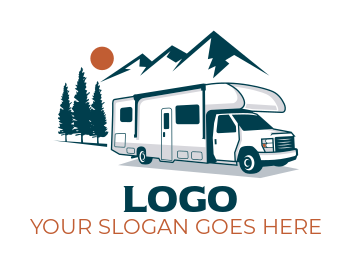 RV with mountains and sun design | Logo Template by LogoDesign.net