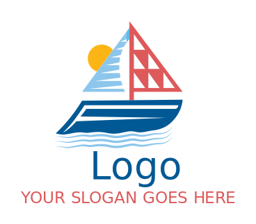 travel logo sail boat floating on sea with sun