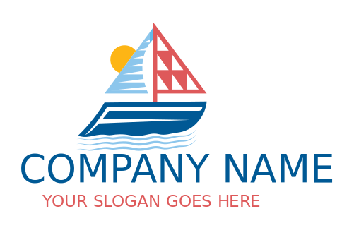 travel logo sail boat floating on sea with sun