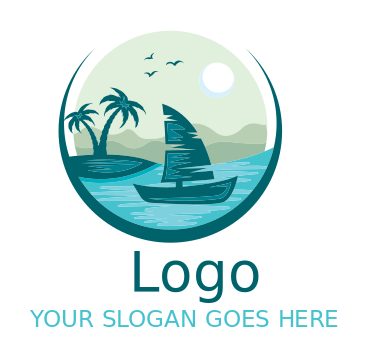 travel logo sail boat with palm trees and sun