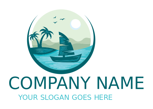 travel logo sail boat with palm trees and sun