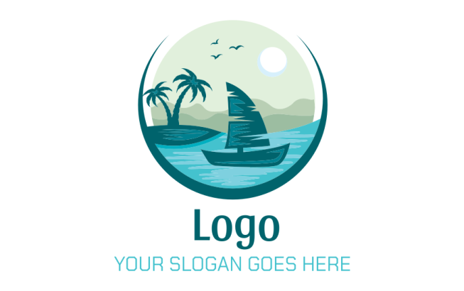 Sail Boat with palm trees and sun logo icon