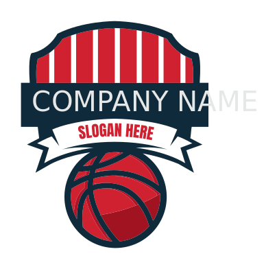 sports logo shield with ribbon over basketball