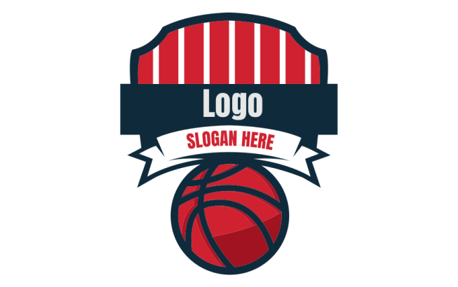 sports logo shield with ribbon over basketball