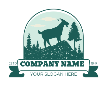 animal logo goat on hill with pine trees