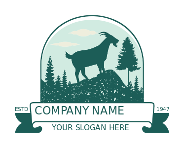 animal logo goat on hill with pine trees