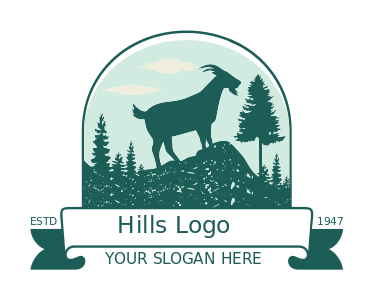 animal logo goat on hill with pine trees