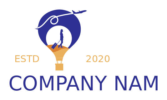 travel logo girl trolley bag in hot air balloon