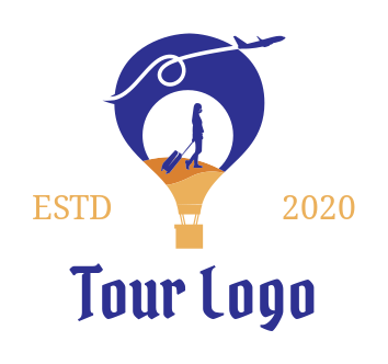 silhouette of traveler girl with trolley bag in hot air balloon logo idea