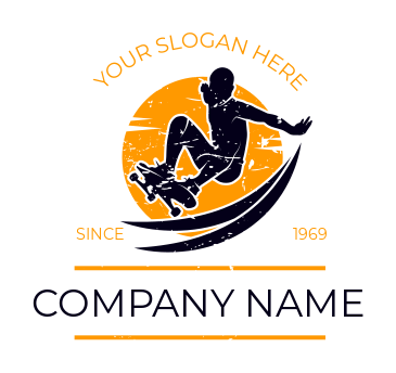 Create a logo of skateboarder swooping in sun