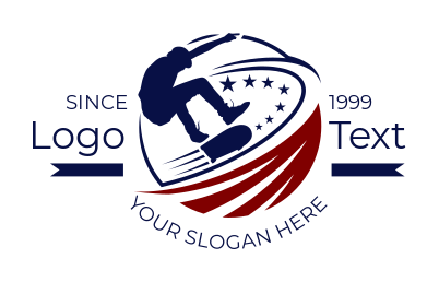 sports logo skateboarder swooping with stars