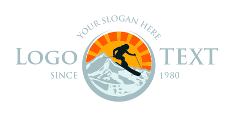 sports logo skier on mountains with sunburst
