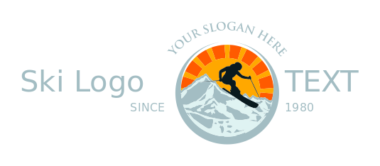 sports logo skier on mountains with sunburst