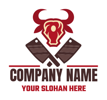 steak in shape of bullhead and crossed butcher knives logo design