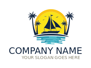 travel logo palm trees with sail boat on sea