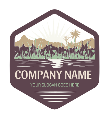 sunrise over farm landscape mountains and lake logo concept