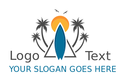 travel logo surf board with palm trees and sun