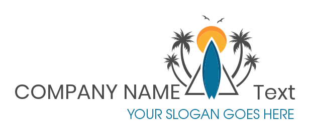surf board and palm trees with sun logo design