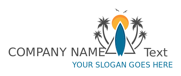 travel logo surf board with palm trees and sun