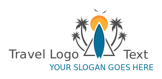 travel logo surf board with palm trees and sun