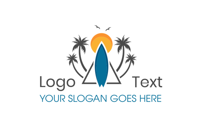 travel logo surf board with palm trees and sun