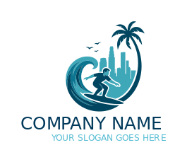 surfer riding waves in Los Angeles skyline