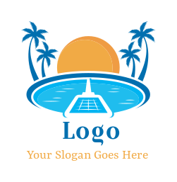 cleaning logo pool front of sun palm tree & net