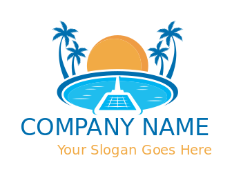 cleaning logo pool front of sun palm tree & net