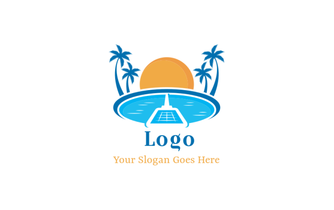 cleaning logo illustration swimming pool in front of sun with palm tree and net 