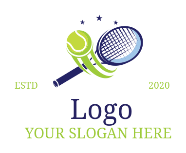 sports logo tennis racket with ball and stars