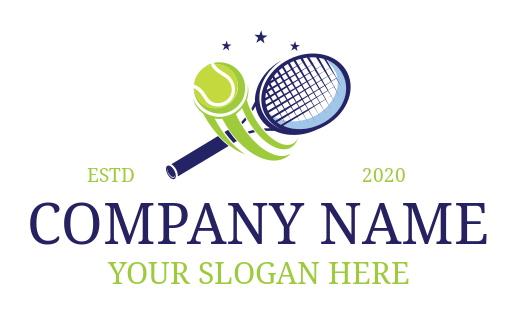 sports logo tennis racket with ball and stars
