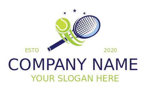 sports logo tennis racket with ball and stars