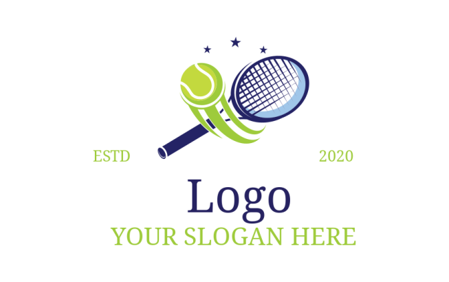 tennis racket with swoosh ball and stars logo template