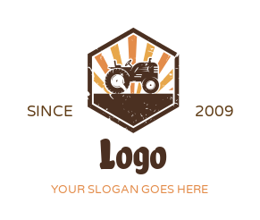 agriculture logo tractor in hexagon with rays