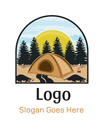 travel logo campsite with pine trees and sun