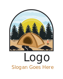 travel logo campsite with pine trees and sun