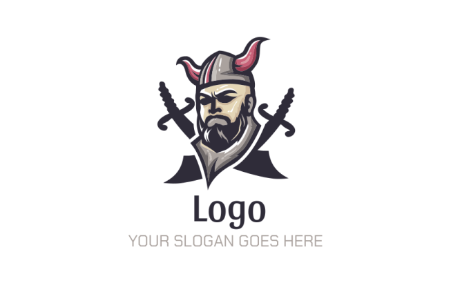 Viking with horns and criss cross swords logo design