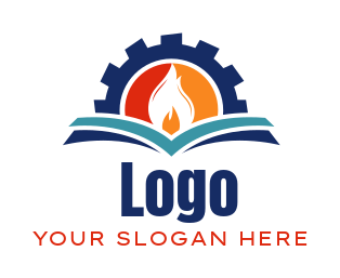vocational school logo open book flame in gear