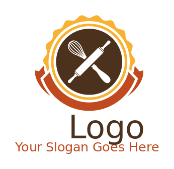generate a restaurant logo whisk and rolling pin badge with ribbon
