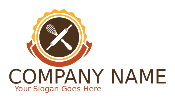 generate a restaurant logo whisk and rolling pin badge with ribbon