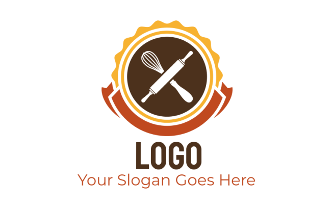 generate a restaurant logo whisk and rolling pin badge with ribbon