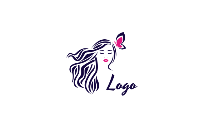 beauty logo woman with long hair and butterfly