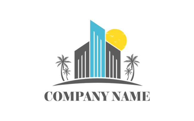 real estate logo illustration abstract buildings with palm trees and sun