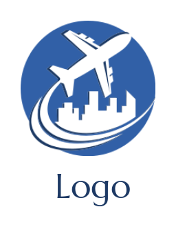 Travel logo plane flying around skyscrapers circle 