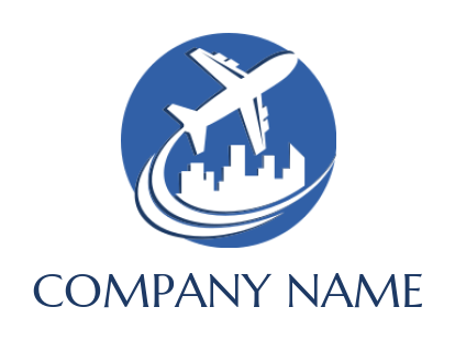 Travel logo plane flying around skyscrapers circle 
