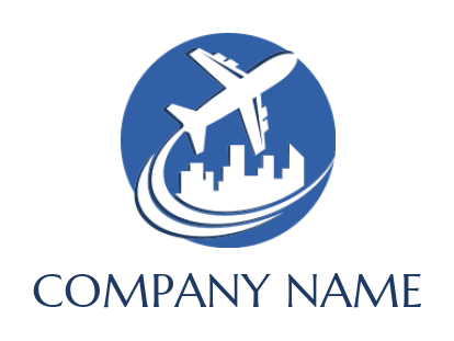 airplane flying around negative space skyscrapers in circle logo